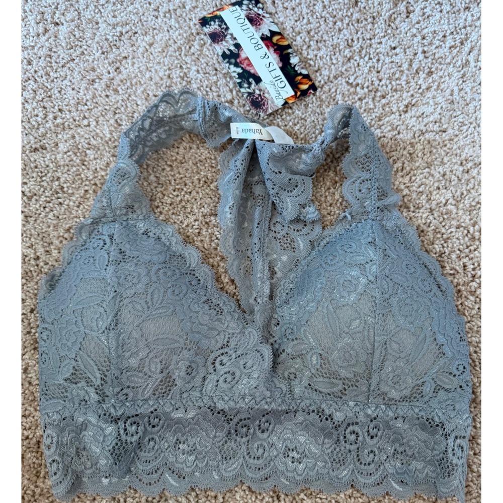 Yahada Grey Lace Padded Bralette Racerback Scalloped Trim Size M/L NWT